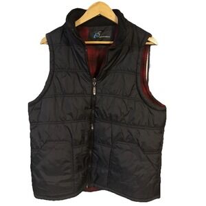 i5 Apparel Women's Full Zip Black Puffer Vest Lined w/ Flannel Red Plaid Size L